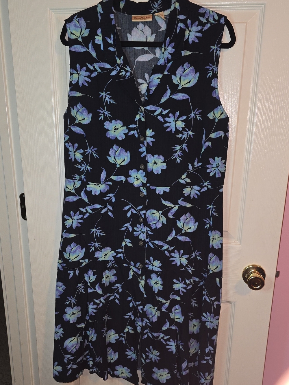 Sleeveless Navy Floral‎ Button-Front Midi Dress